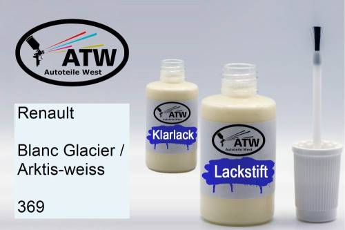 Renault, Blanc Glacier / Arktis-weiss, 369: 20ml Lackstift + 20ml Klarlack - Set, von ATW Autoteile West.